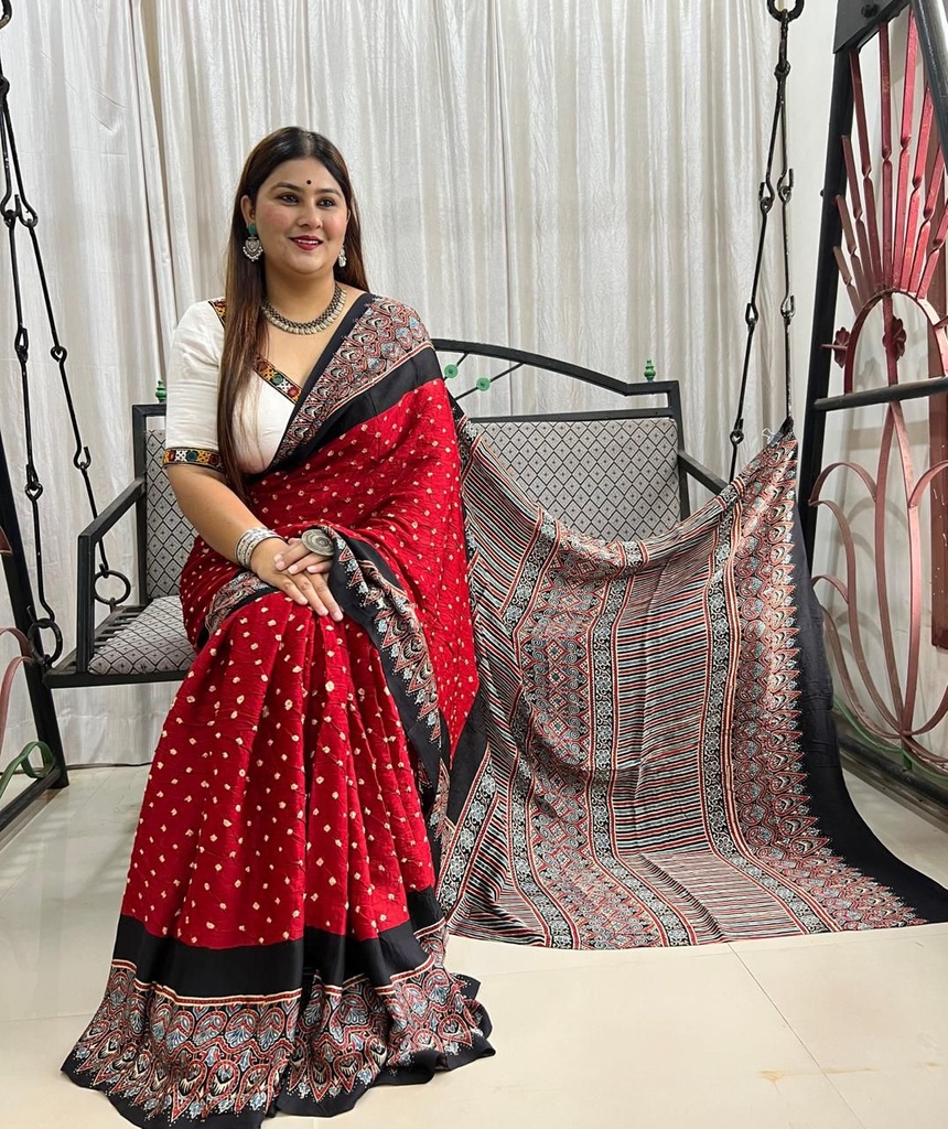 Premium Ajrakh Bandhani Saree 4244