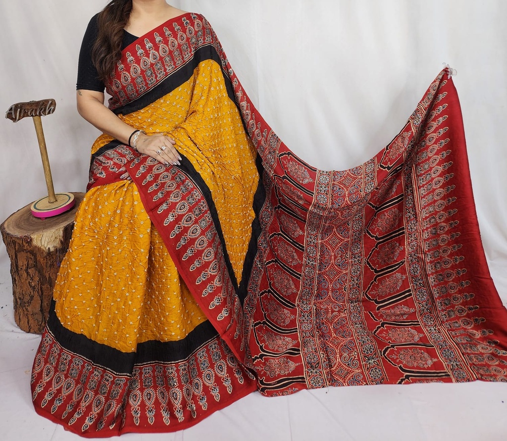 Premium Ajrakh Bandhani Saree 4244