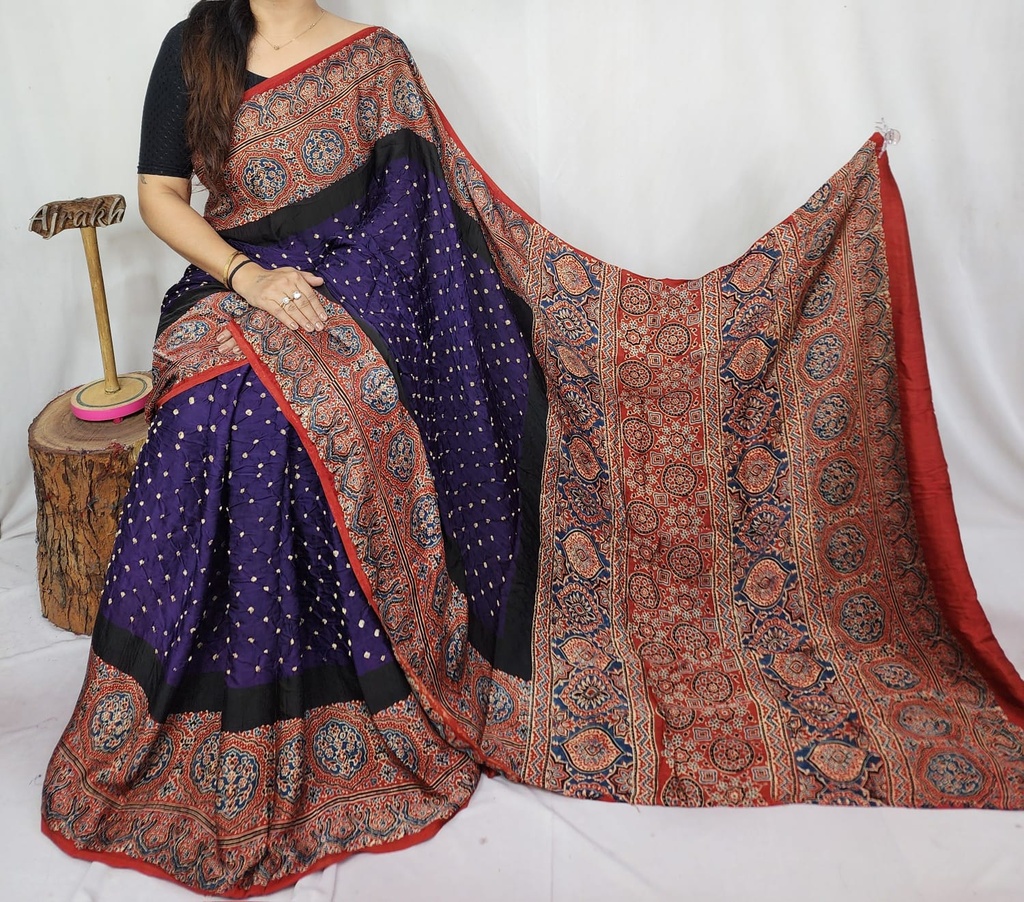 Premium Ajrakh Bandhani Saree 4244