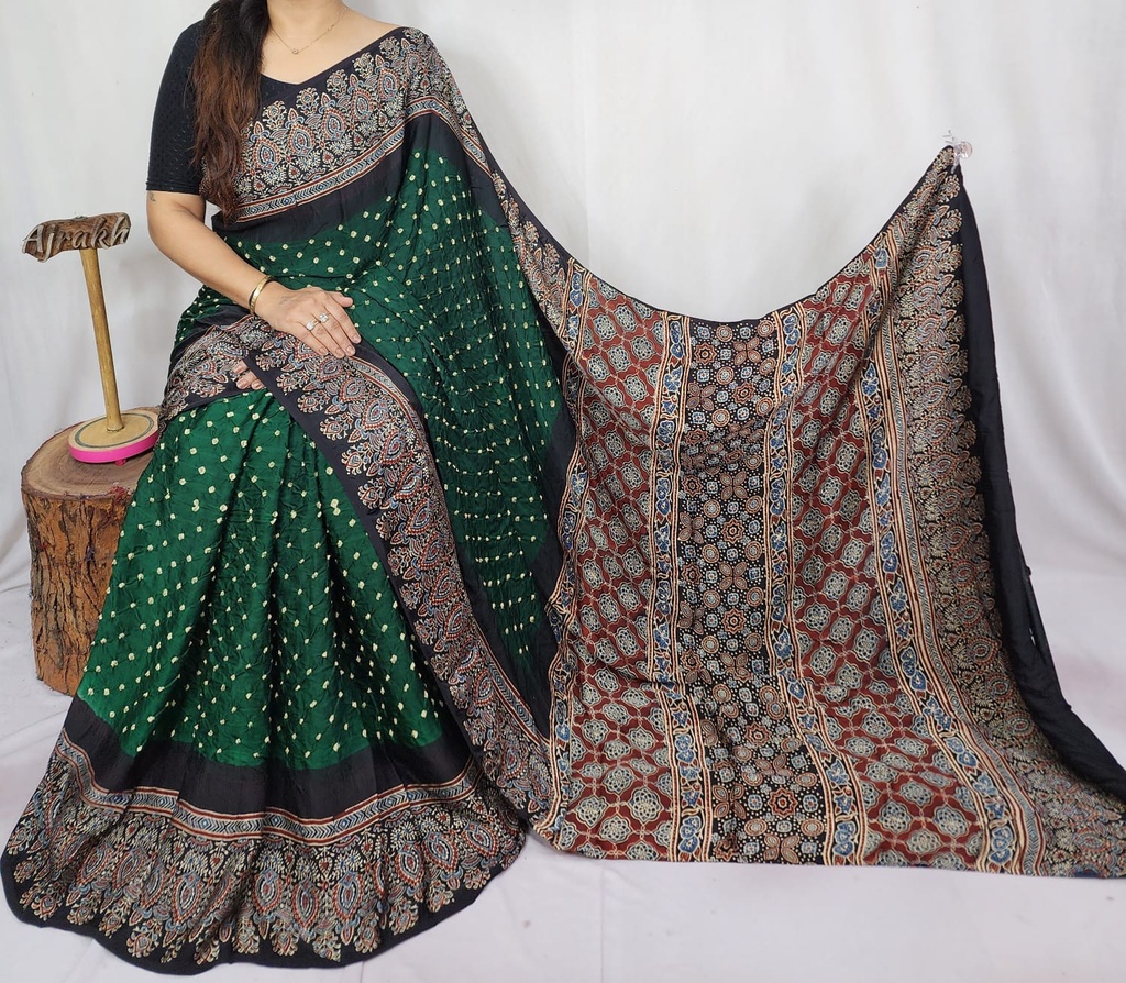 Premium Ajrakh Bandhani Saree 4244