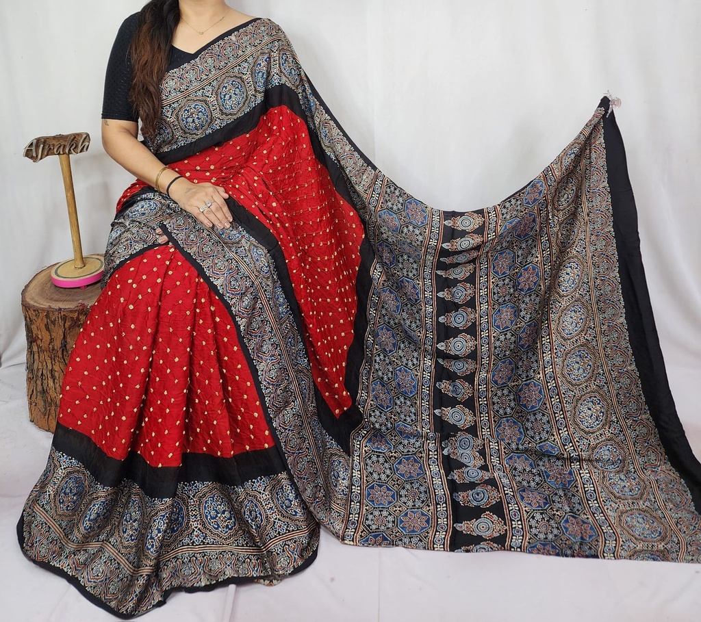 Premium Ajrakh Bandhani Saree 4244