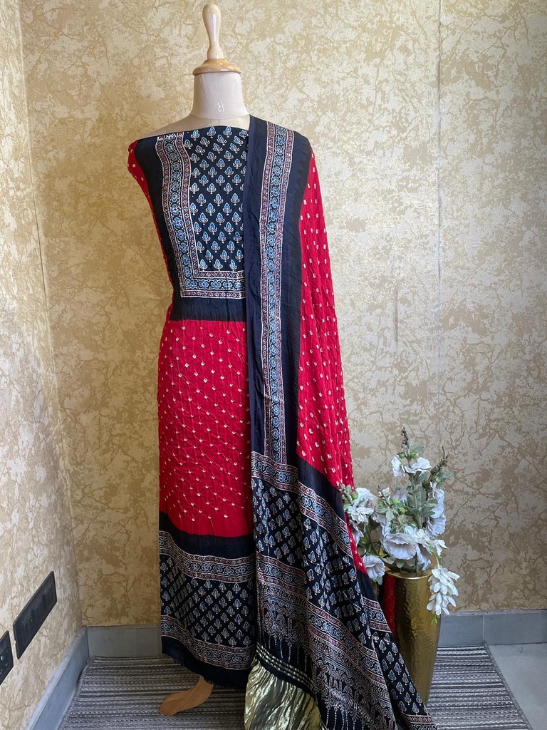 Ajrakh Bandhani Modal Silk Top and Dupatta Sets 5012 