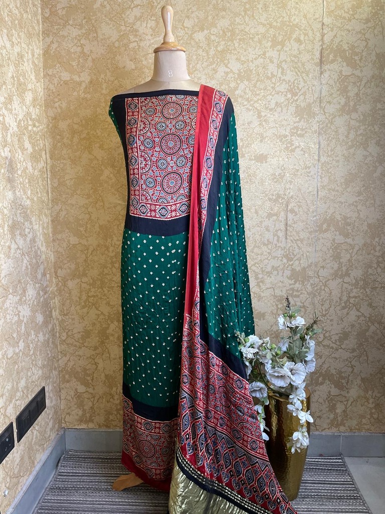 Ajrakh Bandhani Modal Silk Top and Dupatta Sets 5012 