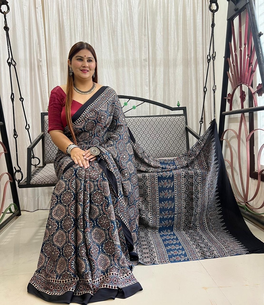 Ajrakh Modal Silk Saree 4243