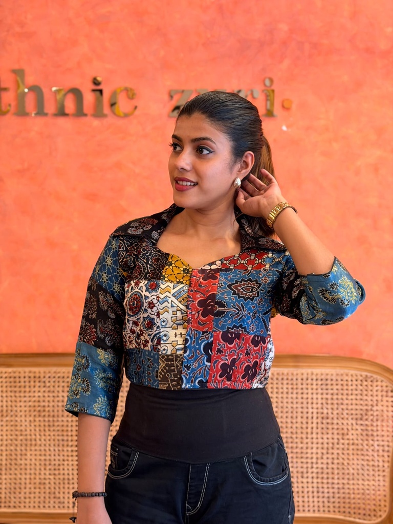 Ajrakh Mashru Silk  Crop Top 5053