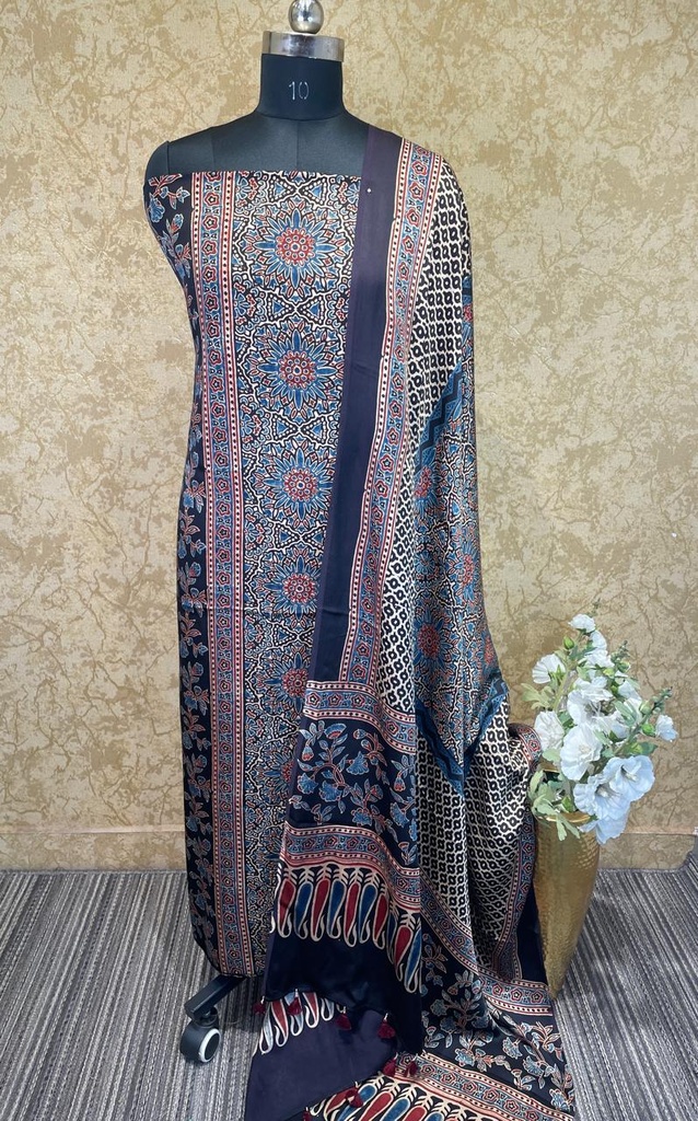 Ajrakh Modal Silk Top and Dupatta Set 5048
