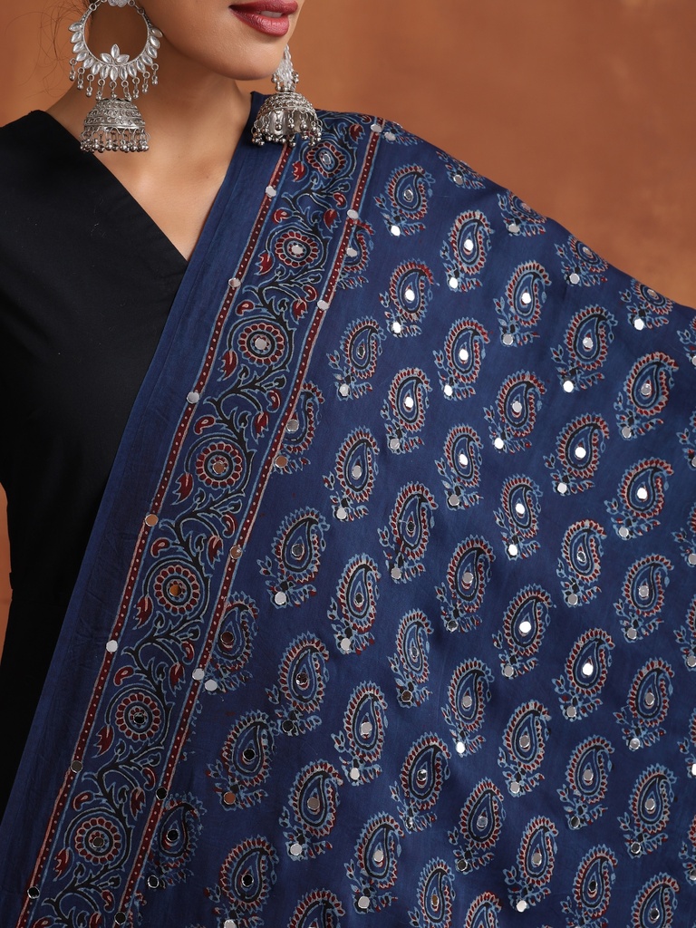 Ajrakh Mirror Work Silk Dupatta 5035