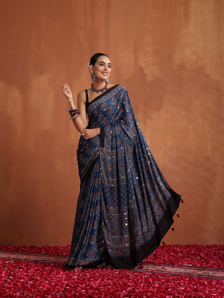 Ajrakh Modal Silk Mirror Saree 5036