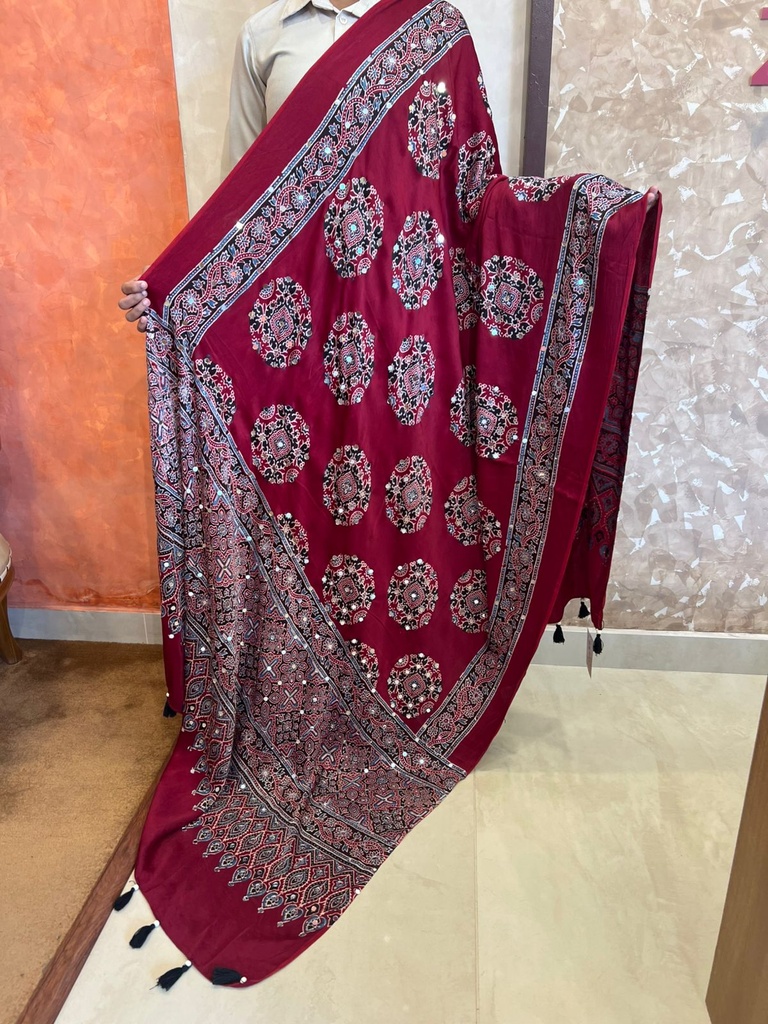 Ajrakh Mirror Work Silk Dupatta 5035