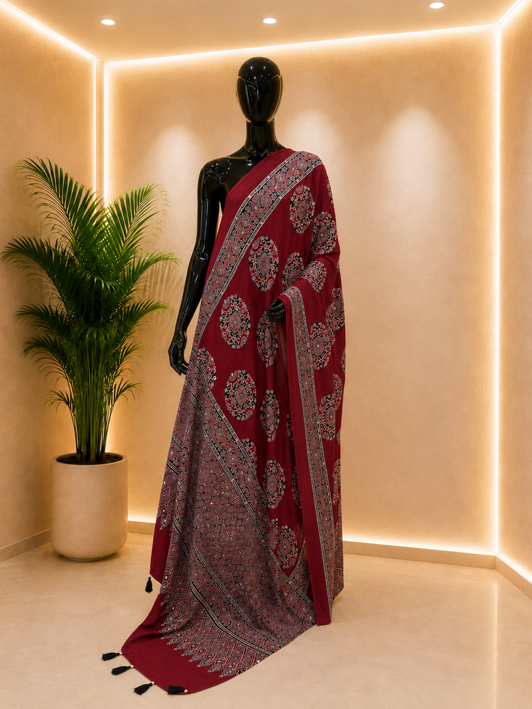 Ajrakh Mirror Work Silk Dupatta 5035