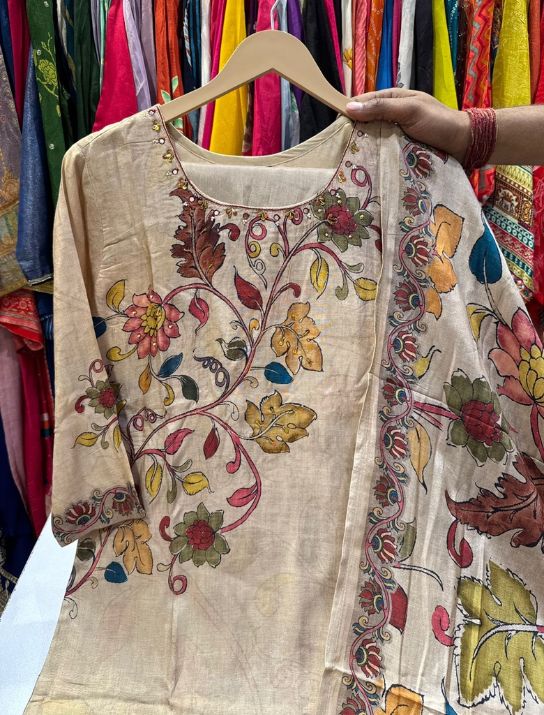 Muslin Kalamkari Kurti set 5028 Ivory