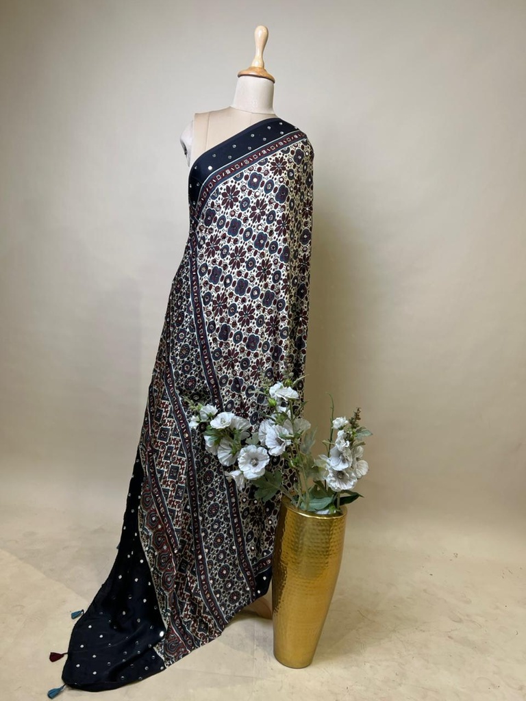 Ajrakh Mirror Work Silk Dupatta 5035
