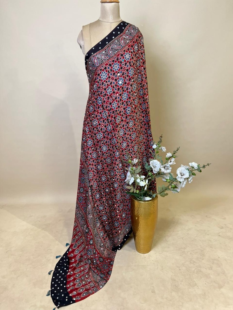 Ajrakh Mirror Work Silk Dupatta 5035 