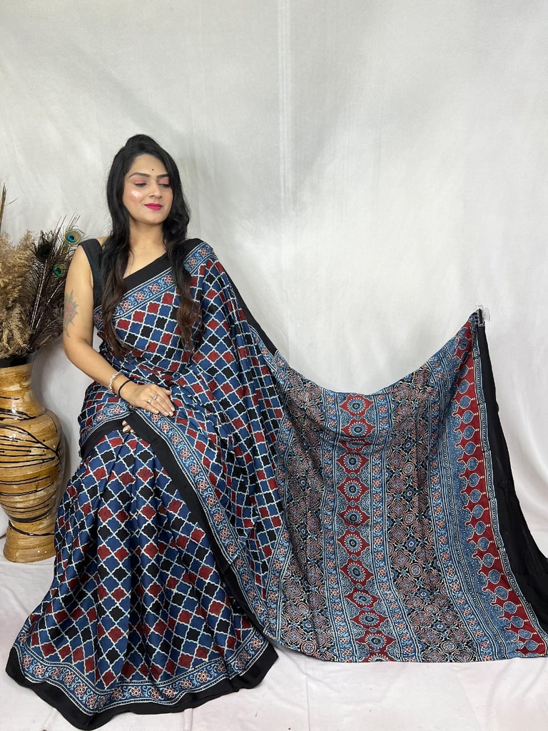 Ajrakh Modal Silk Sarees 4243