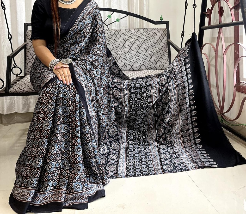 Ajrakh Modal Silk Sarees 4243