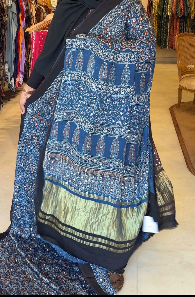 Ajrakh Silk Mirror Sarees 5036
