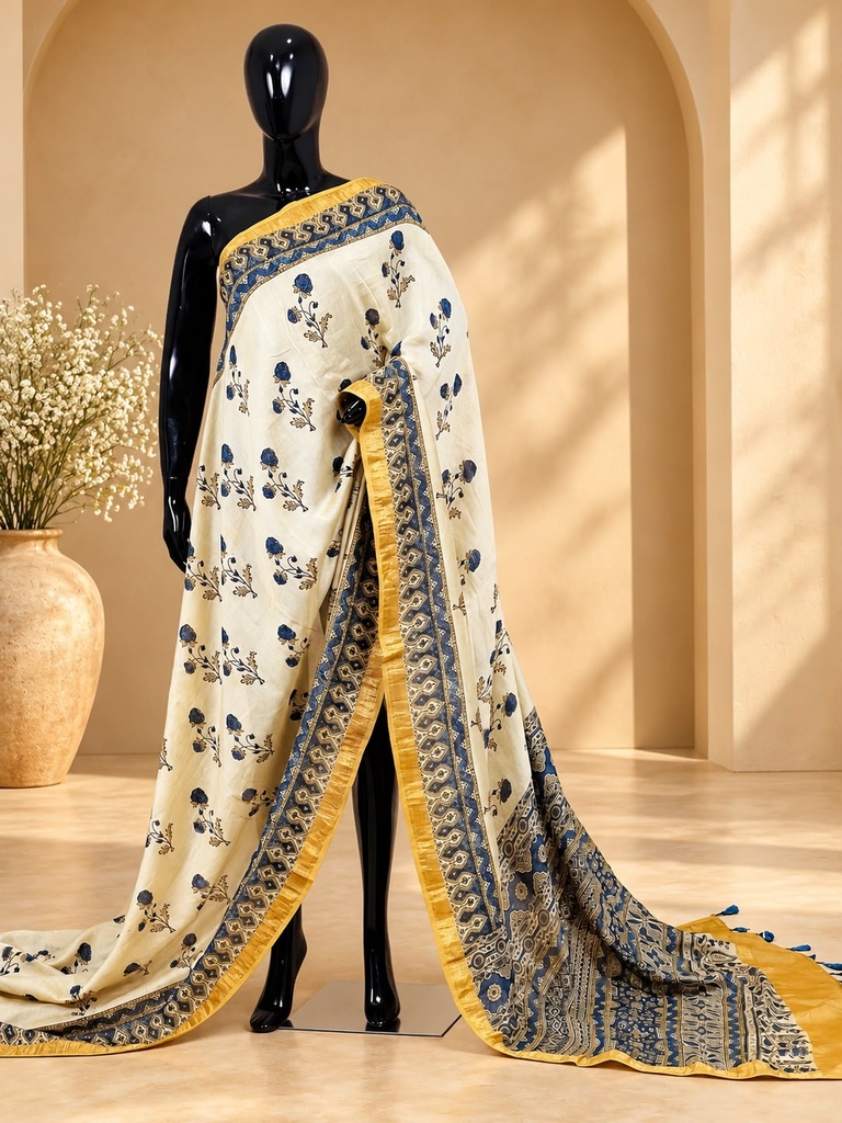 Ajrakh Maheshwari Silk Sarees 5028