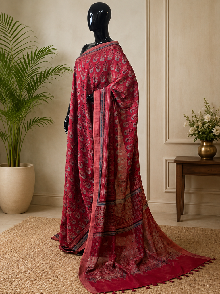 Ajrakh Maheshwari Silk Sarees 5028