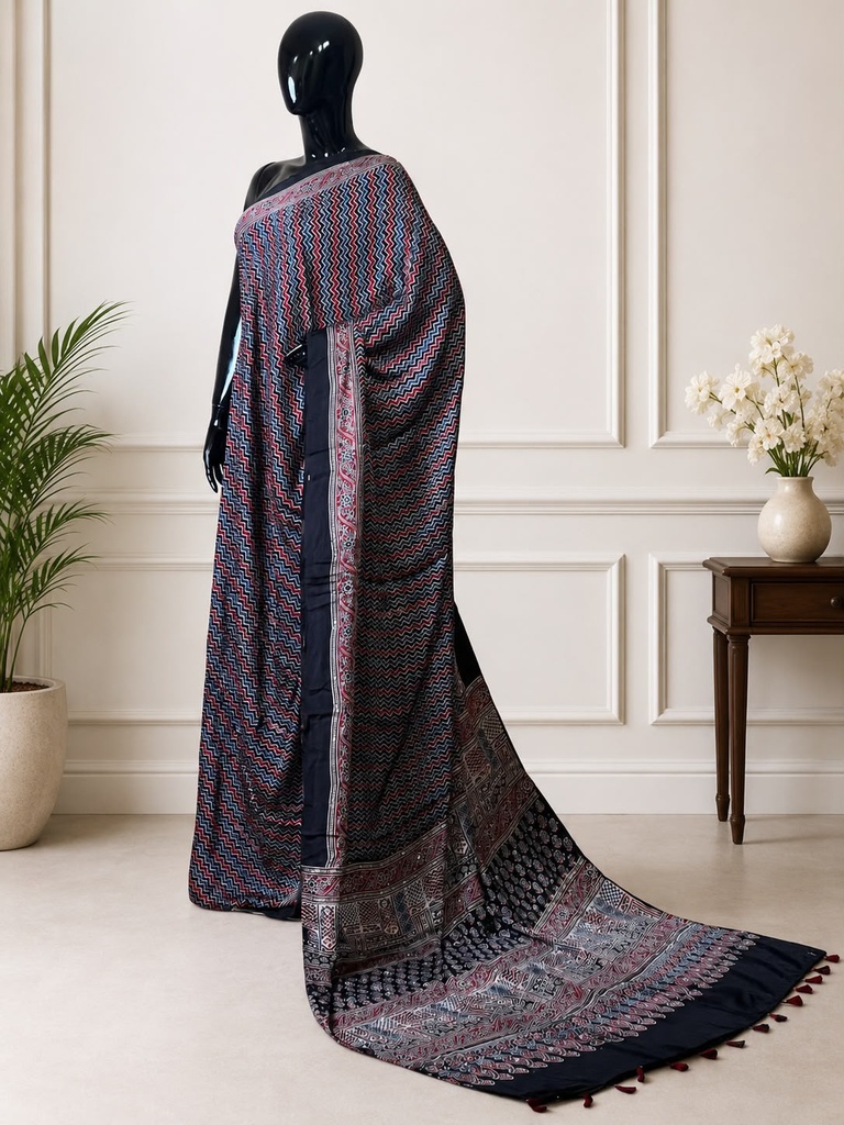 Handwork Ajrakh Modal Silk Sarees 5036