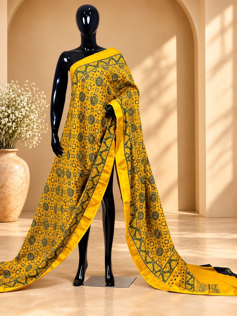 Ajrakh Maheshwari Silk Sarees 5028