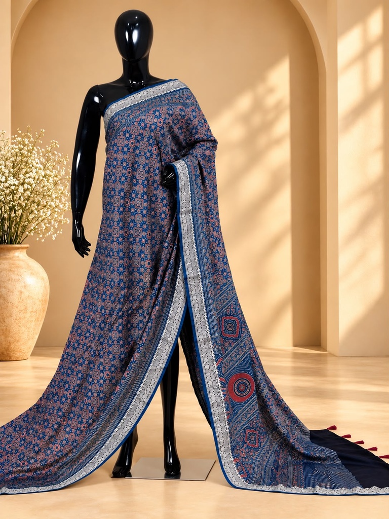 Ajrakh Maheshwari Silk Sarees 5028