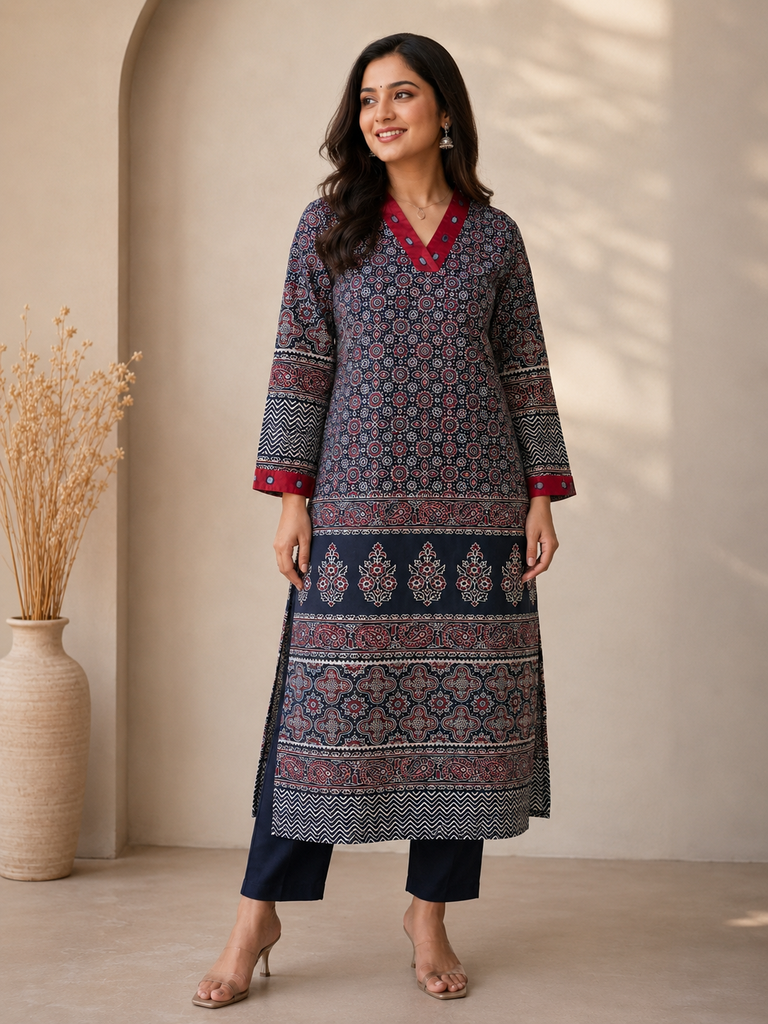 Ajrakh Mashru Silk Kurti 5053 
