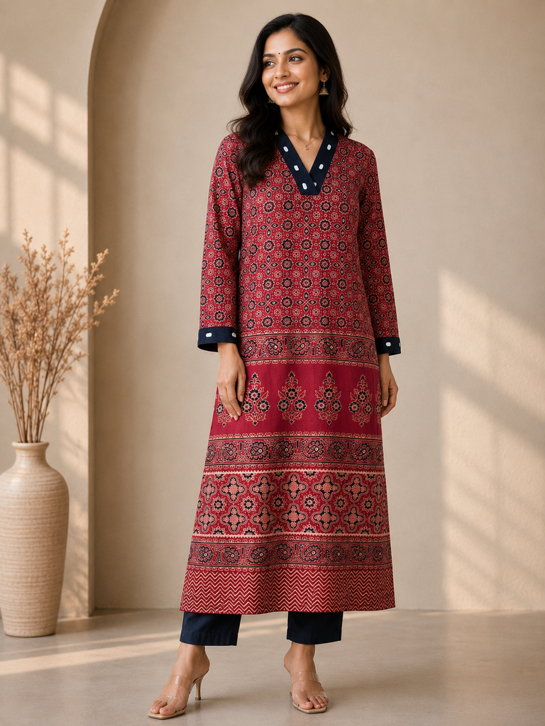 Ajrakh Mashru Silk Kurti 5053