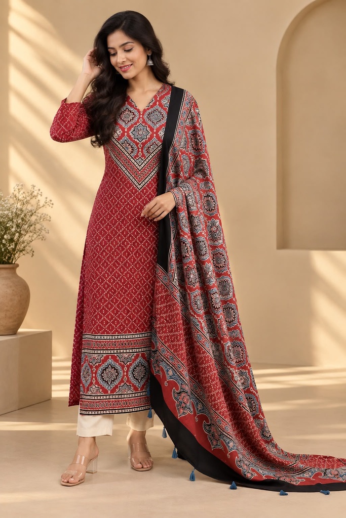 Ajrakh Modal Kurti Dupatta Set 5012