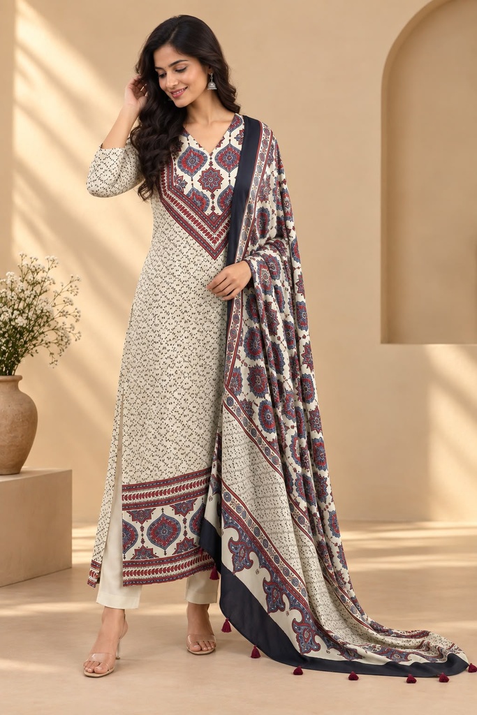 Ajrakh Modal Kurti Dupatta Set 5012
