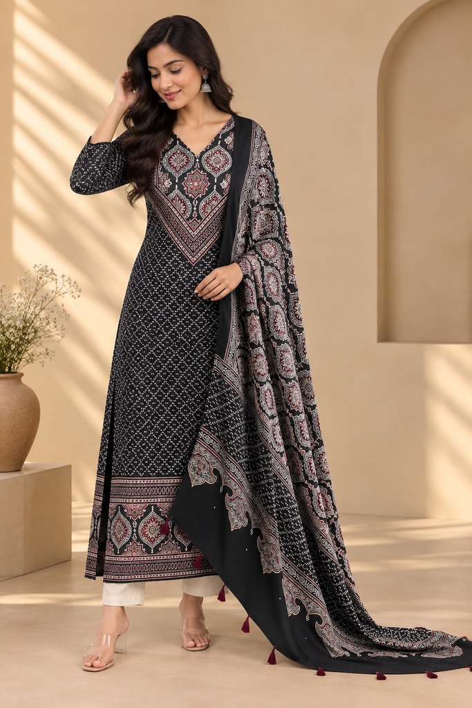 Ajrakh Modal Kurti Dupatta Set 5012
