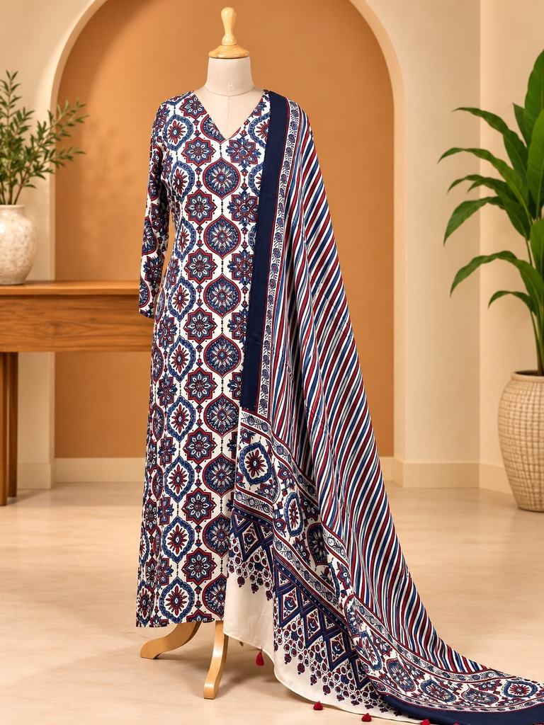 Ajrakh Modal Kurti Dupatta Set 5012