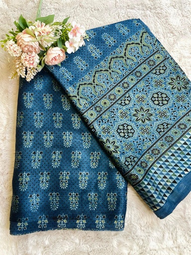 [CFMLK] Ajrakh Handblock Printed Mashru Silk Fabric 4215