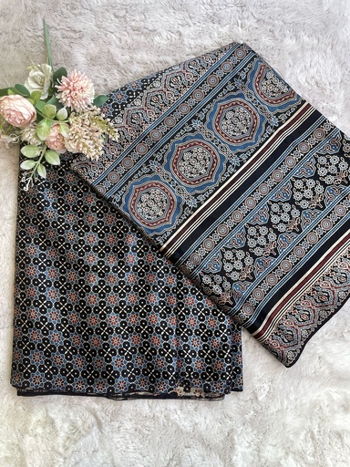 [CFMLK] Ajrakh Handblock Printed Mashru Silk Fabric 4215