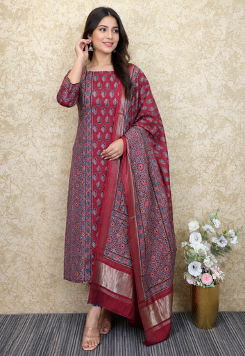 [SUAZ] Ajrakh Maheshwari Silk Cotton Top And Dupatta 4558