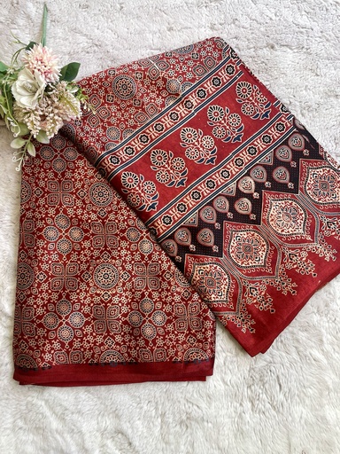 Ajrakh Handblock Printed Mashru Silk Fabric 4215