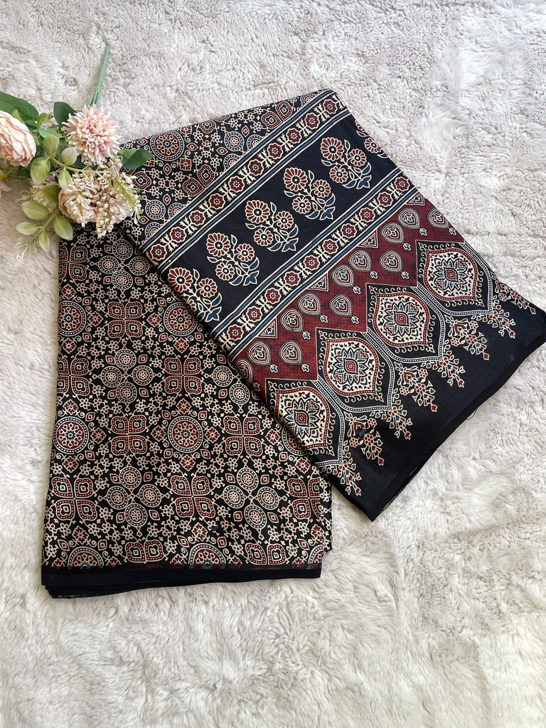 Ajrakh Handblock Printed Mashru Silk Fabric 4215