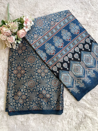 [CFMLK] Ajrakh Handblock Printed Mashru Silk Fabric 4215