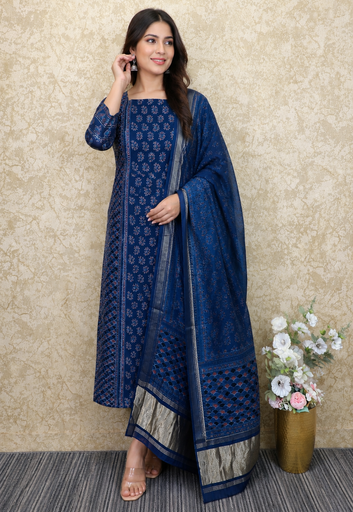 [SUAZ] Ajrakh Maheshwari Silk Cotton Top And Dupatta 4558