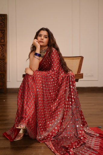 [SAMLK7950] Ajrakh Silk Mirror Saree 5036