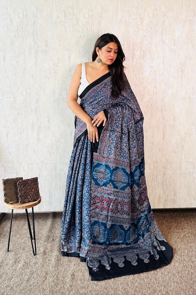 Premium Ajrakh Modal Silk Sarees 4243