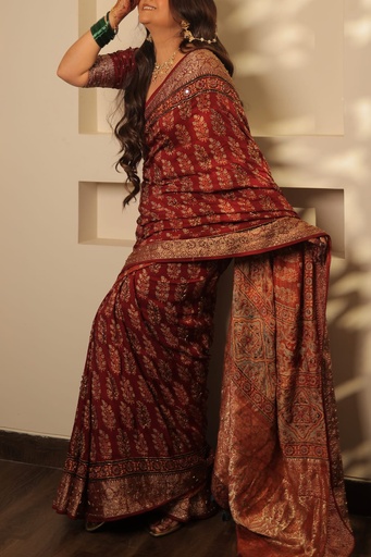 [SAMJ32500] Premium Ajrakh Handwork Silk Saree 5036