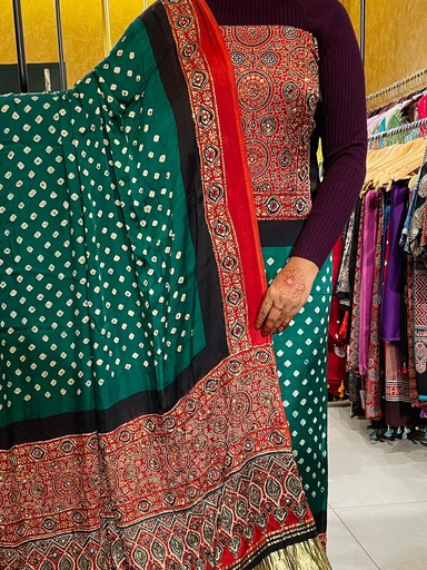 [SUMF24500] Ajrakh Bandhani Silk Top and Dupatta Set 5012