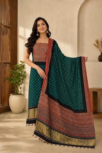 [SUMF24500] Ajrakh Bandhani Silk Top and Dupatta Set 5012