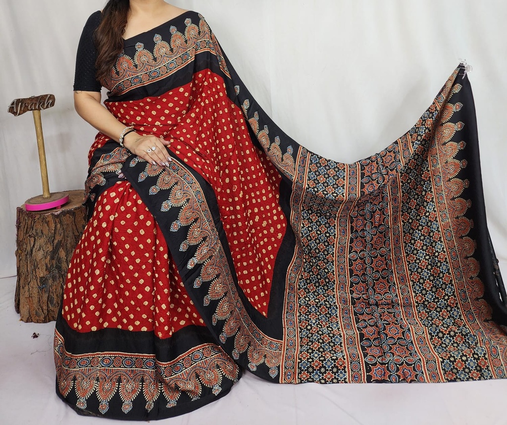 Premium Ajrakh Bandhani Saree 4244