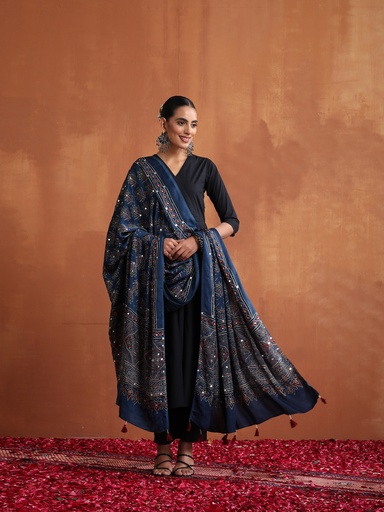 [DUMLK3650] Ajrakh Mirror work  Silk Dupatta 5035 