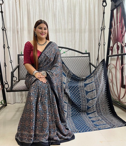 [SAMLK5650] Ajrakh Modal Silk Saree 4243