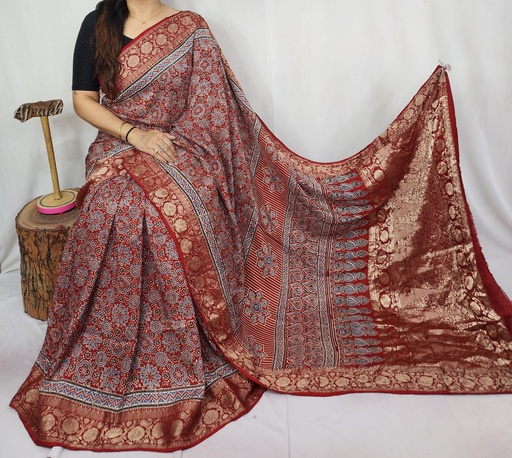 [SAKS8950] Ajrakh Dola Silk Saree 4243 