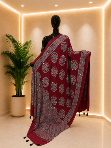 [DUVD4650] Ajrakh Mirror Work Silk Dupatta 5035