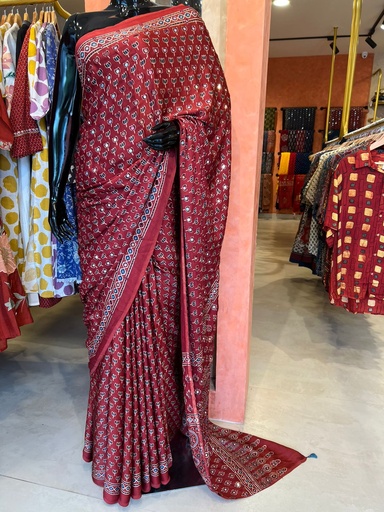 [SAMLK30000] Ajrakh Silk Mirror Saree 5036