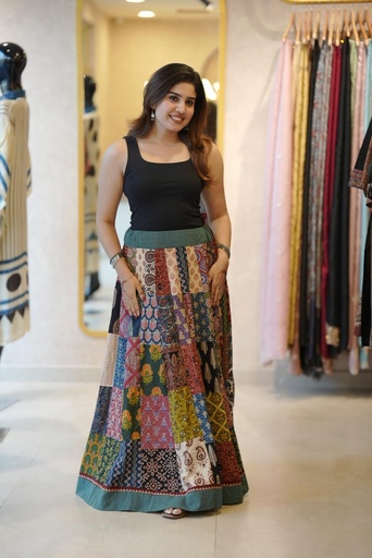[SKKH] Ajrakh Boho Skirts Green 4556